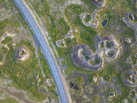 Aerial vertical view of old volcano and asphalt road, near to Myvatn lake on a summer day, Iceland, Polar Regions - RHPLF29434