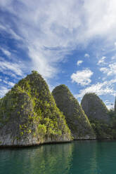 Blick auf vegetationsbedeckte Inselchen in der Wayag-Bucht, Raja Ampat, Indonesien, Südostasien, Asien - RHPLF29499