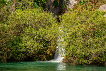 Wasserfall in einer grünen Landschaft mit einem Flussteich in Cueva del Gato, Region Andalusien, Spanien, Europa - RHPLF29686