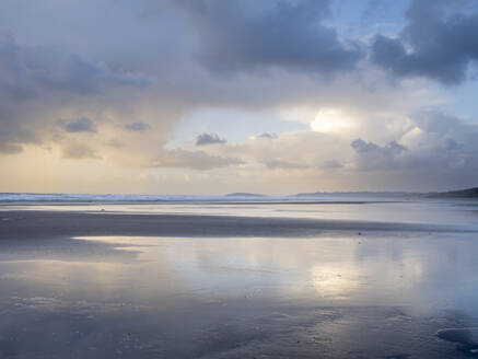 Reflections in wet sand at dusk, Rhossili, Gower, South Wales, United Kingdom, Europe - RHPLF29781