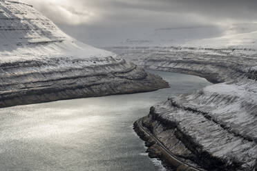 Snow-covered mountains along Funningur fjord, Eysturoy Island, Faroe Islands, Denmark, Europe - RHPLF29795