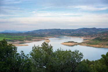 Landscape of Gobrantes and Guadalhorce water reservoir dam at sunset, Andalusia, Spain, Europe - RHPLF29812