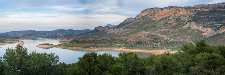 Panorama Landscape of Gobrantes and Guadalhorce water reservoir dam at sunset, Andalusia, Spain, Europe - RHPLF29815