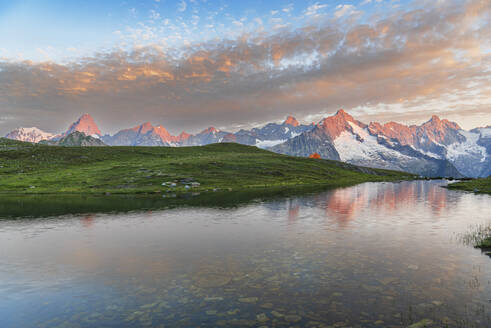 Sunrise view over the shore of Fenetre lake with the massif of Mount Blanc, Fenetre lake, Ferret valley, Valais canton, Col du Grand-Saint-Bernard (St. Bernard mountain pass), Switzerland, Europe - RHPLF29841