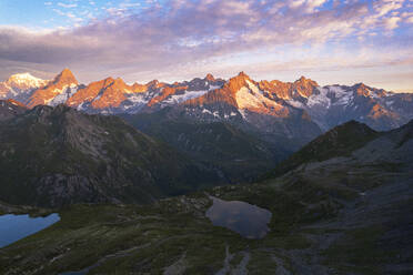 Aerial view of Fenetre lakes and the massif of Mount Blanc at sunrise, Ferret valley, Valais canton, Col du Grand-Saint-Bernard (St. Bernard mountain pass), Switzerland, Europe - RHPLF29842