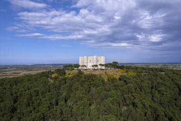 Castel del Monte on top of a hill surrounded by trees, aerial view, UNESCO World Heritage Site, Apulia, South of Italy, Italy, Europe - RHPLF29849