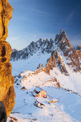 Sunset on Locatelli hut and Paterno mountain seen from Sasso di Sesto, Tre Cime di Lavaredo (Lavaredo peaks), Sesto (Sexten), Dolomites, South Tyrol, Italy, Europe - RHPLF29863