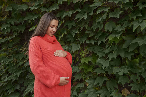 Lächelnde schwangere Frau steht mit Händen auf dem Bauch vor Blättern - AAZF01348