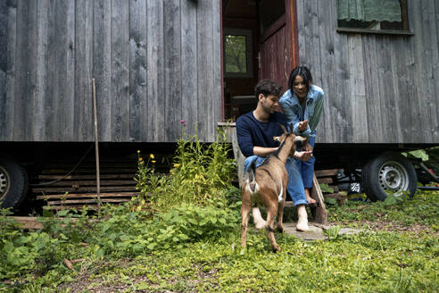 Glückliche Frau und Mann beim Füttern einer Ziege vor einer Holzhütte - JOSEF22153