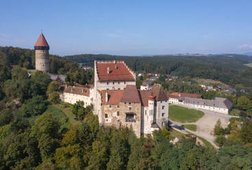 Austria, Upper Austria, Drone view of Burg Clam and surrounding forest - WWF06585