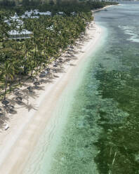 Luftaufnahme des Strandes von Flic En Flac, einer tropischen Oase und einem Reiseziel mit Sonnenschirmen an der Küste von Riviere Noire, Mauritius. - AAEF24640