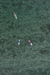 Luftaufnahme von Menschen mit einem SUP (Stand Up Paddle) am Strand von Flic En Flac, Riviere Noire, Mauritius. - AAEF24645