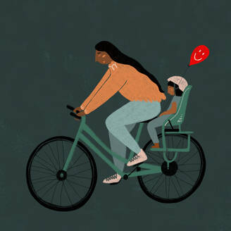 Illustration of a woman riding a bicycle with a child seated at the back, holding a red balloon with a smiley face - ADSF49528