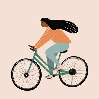 A woman with flowing hair rides a bicycle, depicted against a soft beige background - ADSF49529