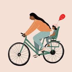 Illustration of a woman riding a bicycle with a child seated at the back, holding a red balloon with a smiley face - ADSF49530