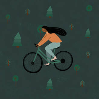 Illustration of a ethnic woman with long hair cycling amidst tall pine trees and delicate flowers on a dark green background - ADSF49545