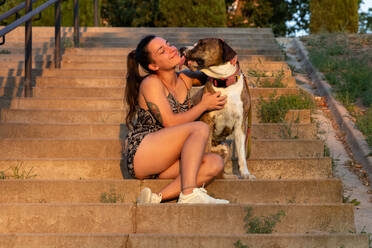 The American dog Stanford sucking the face of a young girl sitting on the stone stairs of a city park.. - ADSF49761