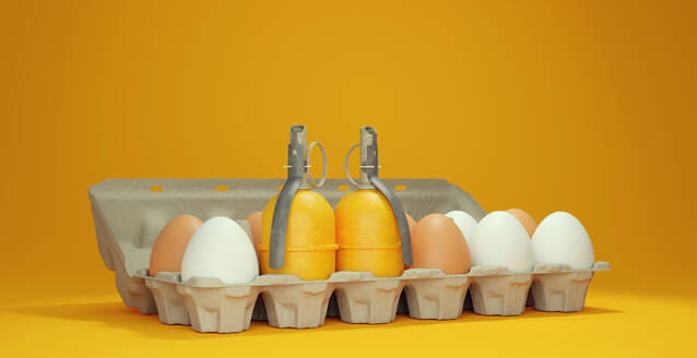 3D render of egg carton with two hand grenades - VTF00670