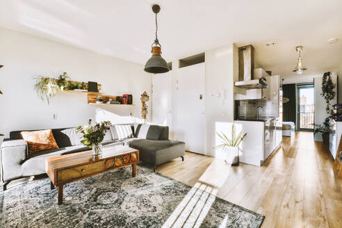 Comfortable gray sofa and wooden coffee table in spacious living room with white walls at modern apartment - ADSF49825