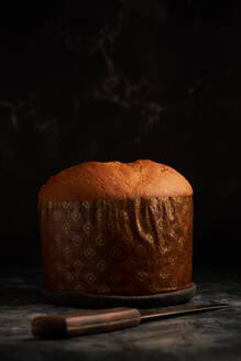 A sumptuous panettone sits in the shadows, adorned with an intricate lacy wrapper, exuding festive warmth and tradition - ADSF49835