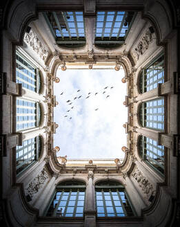A symmetrical view of an ornate building's courtyard with decorative architectural details, looking up towards the sky where birds fly overhead.Title: Ornate courtyard with flying birds - ADSF49875