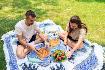 Couple enjoying a summer picnic with food on a blue blanket in the park. - ADSF49991