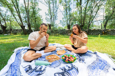 A happy couple sits on a picnic blanket enjoying food and each other's company in a sunlit park with trees in the background. - ADSF49992