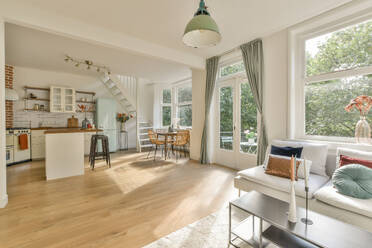 Interior of contemporary house with open kitchen and living room by bright windows during daytime - ADSF49994