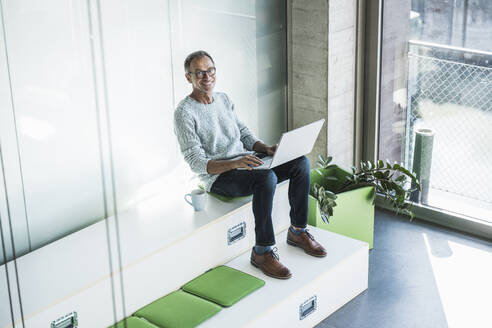 Glücklicher älterer Geschäftsmann sitzt mit Laptop im Büro - UUF30630