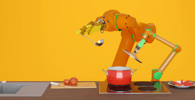 3D render of robotic arms preparing meal on stove - VTF00672
