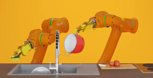 3D-Rendering von Roboterarmen beim Geschirrspülen im Waschbecken - VTF00673
