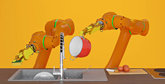 3D render of robotic arms washing dishes in sink - VTF00673