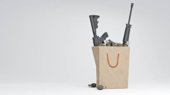 3D render of assault rifles and hand grenades in paper bag symbolizing arms trade - VTF00675