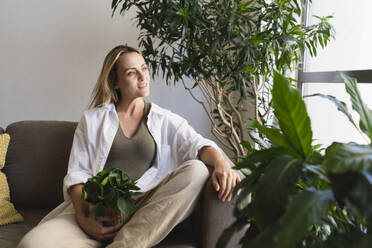 Nachdenkliche blonde Frau mit Topfpflanze, die zu Hause auf dem Sofa sitzt - SVKF01737