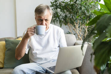 Älterer Mann trinkt Kaffee und benutzt einen Laptop zu Hause - SVKF01750