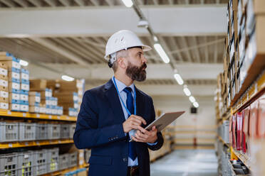 Manager in suit controlling goods in warehouse. - HPIF31228