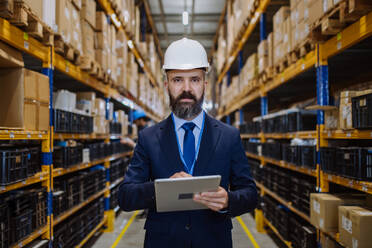 Manager in suit controlling goods in warehouse. - HPIF31232