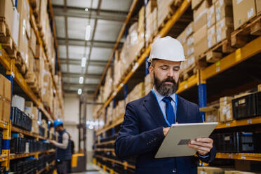 Manager in suit controlling goods in warehouse. - HPIF31233