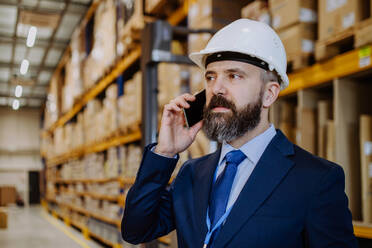 Manager woman in suit calling in warehouse. - HPIF31242