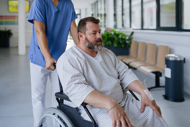 Krankenpfleger, der einen Patienten im Rollstuhl über einen Krankenhausflur schiebt, der auf eine medizinische Untersuchung wartet. Der übergewichtige Patient fühlt sich ängstlich und hat gesundheitliche Bedenken. - HPIF31503