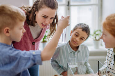 Young teacher making a little greenhouse with their pupils, learning them about planting. - HPIF31534