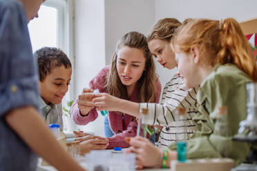 Young teacher doing chemistry experiment with her pupils during science education. - HPIF31546