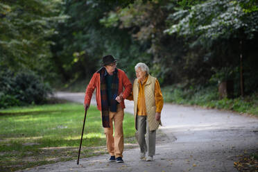 Glückliches älteres Paar in Herbstkleidung, das zusammen im Park spazieren geht. - HPIF31624