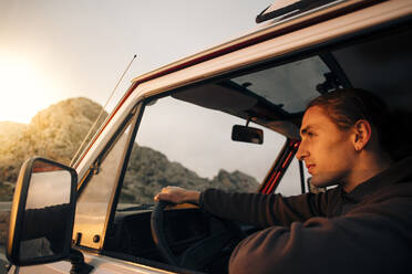 Strong Confident Man Sunglasses Driving Car View — Stock Photo ©  Vera_Petrunina #479978312