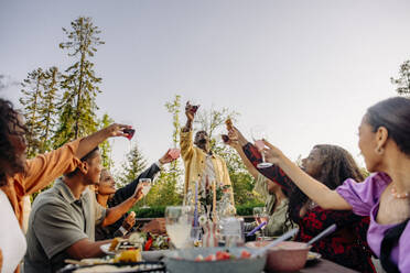 A group of friends from different backgrounds raise a toast to celebrate their bond and enjoy a backyard feast - MASF40886