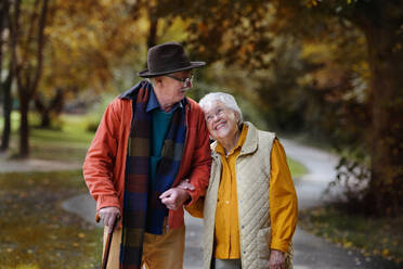 Älteres Paar bei einem gemütlichen Spaziergang im Park, umgeben von den schönen Farben des Herbstes - HPIF31646