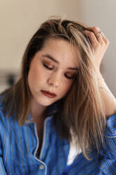 Portrait of young beautiful woman with closed eyes and natural make up. - HPIF32240