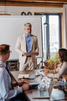 Businessman giving a presentation in a business meeting. Young colleagues and manager having casual discussion during meeting, workshop in office. - HPIF32329