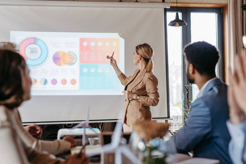 Female business leader giving a presentation about renewable energy. Young colleagues having discussion about photovoltaic panels, clean, green, energy. Business using green energy. - HPIF32362