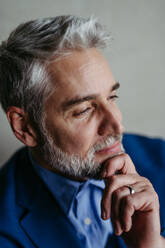 Handsome man with gray hair and beard smiling, looking aside studio portrait. Close-up portrait of a charismatic businessman, manager, ceo, lawyer. - HPIF32376